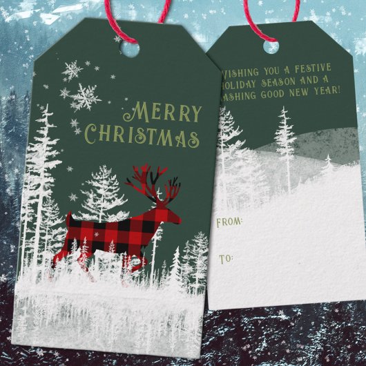 雪に覆われた森のバッファローのプレイドスタグメリークリスマス ギフトタグ