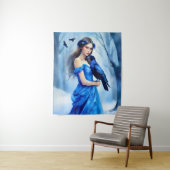 雪に覆われた森の中で烏と美しい女性 タペストリー (インサイチュ)