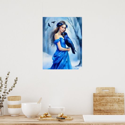 雪に覆われた森の中で烏と美しい女性 ポスター (キッチン)