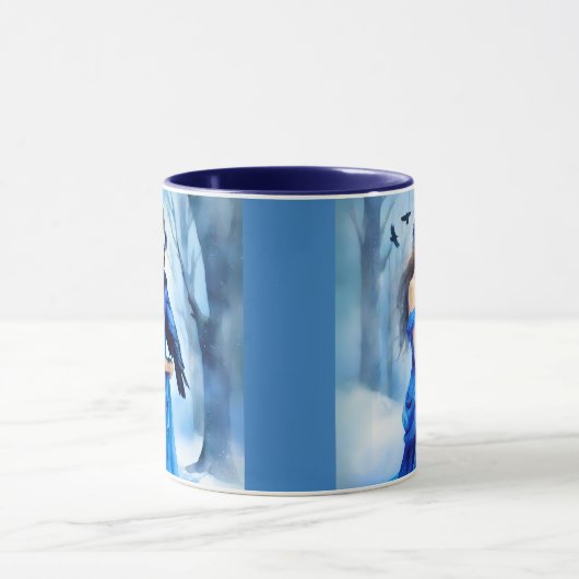 雪に覆われた森の中で烏と美しい女性 マグカップ (中央)