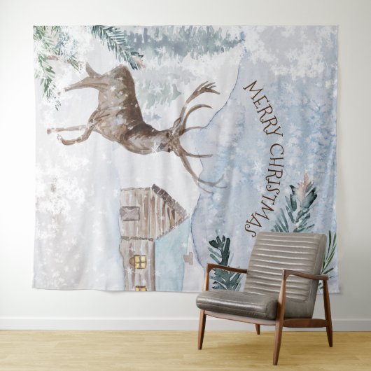 雪に覆われた森の中のクリスマスシカ タペストリー (インサイチュ(横))