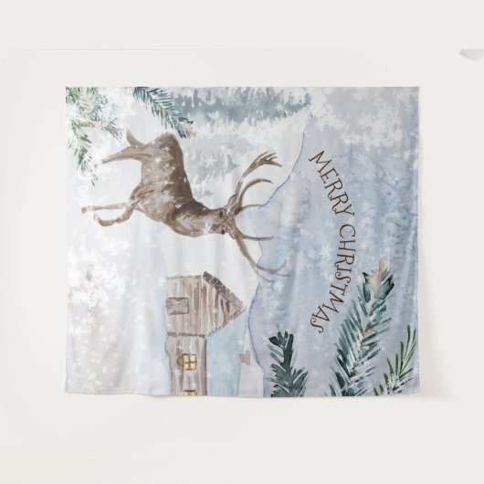 雪に覆われた森の中のクリスマスシカ タペストリー (正面(横))