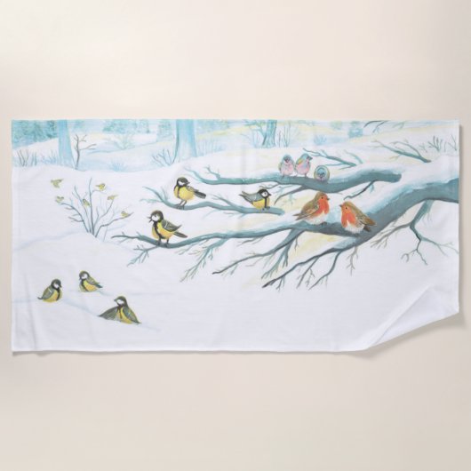 雪に覆われた森の中の冬の鳥 ビーチタオル (正面)