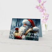 雪に覆われた森の中の水色サンタクロース 箔シーズンカード (蘭)