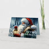 雪に覆われた森の中の水色サンタクロース 箔シーズンカード (正面)
