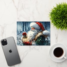 雪に覆われた森の中の水色サンタクロース 箔シーズンカード