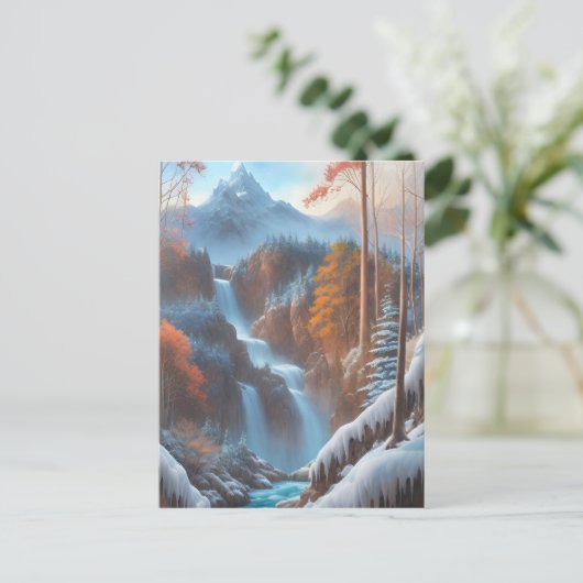 雪に覆われた森の中の美しい滝 ポストカード (スタンド正面)