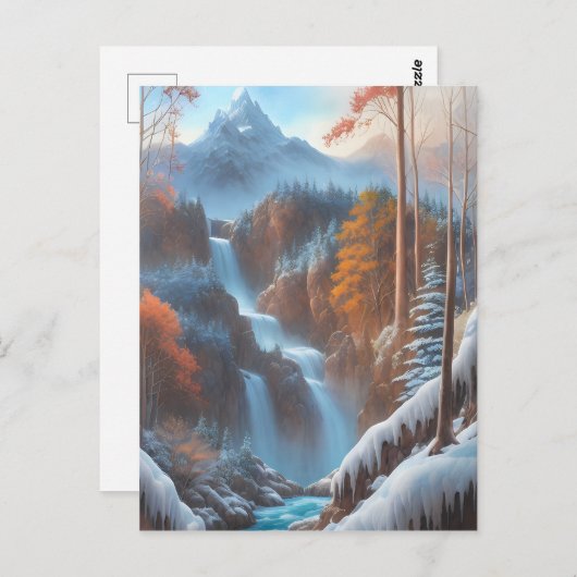 雪に覆われた森の中の美しい滝 ポストカード (正面/裏面)