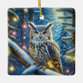 雪に覆われた森の中の角のフクロウ セラミックオーナメント