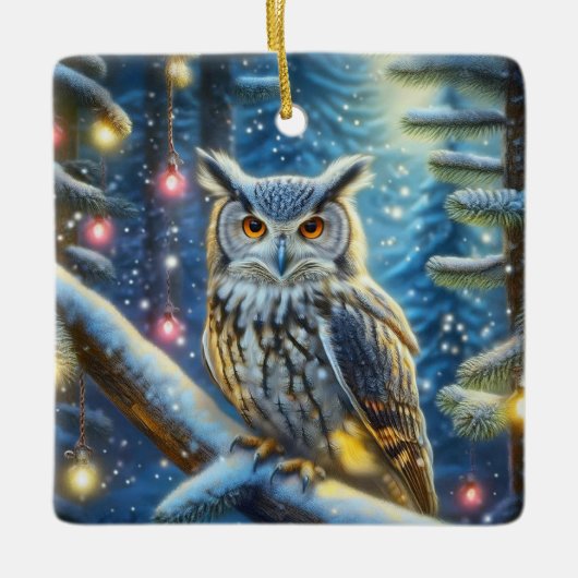雪に覆われた森の中の角のフクロウ セラミックオーナメント (正面)