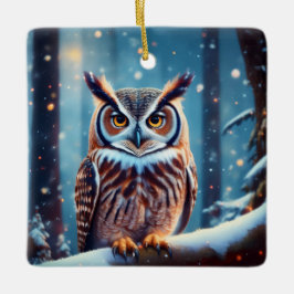 雪に覆われた森の中の角のフクロウ セラミックオーナメント