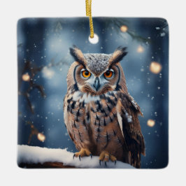 雪に覆われた森の中の角のフクロウ セラミックオーナメント