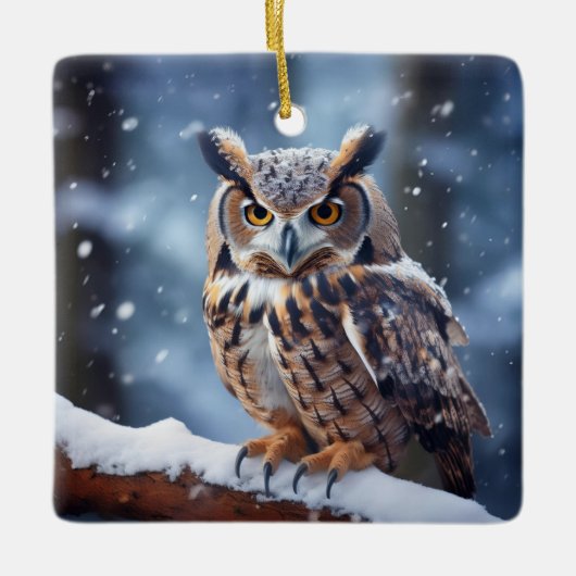雪に覆われた森の中の角のフクロウ セラミックオーナメント (正面)
