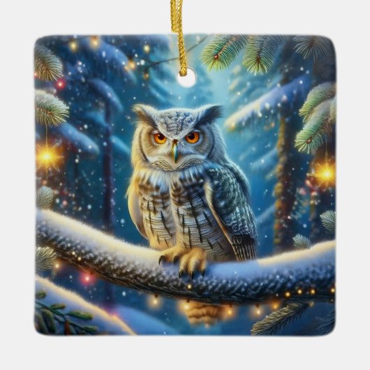 雪に覆われた森の中の角のフクロウ セラミックオーナメント (正面)