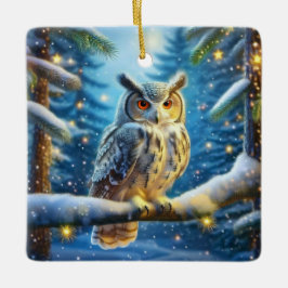 雪に覆われた森の中の角のフクロウ セラミックオーナメント