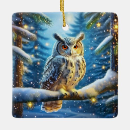雪に覆われた森の中の角のフクロウ セラミックオーナメント (正面)