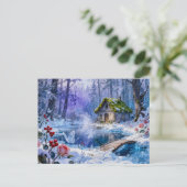 雪に覆われた森の魔法の小屋と橋と光 ポストカード (スタンド正面)