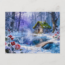 雪に覆われた森の魔法の小屋と橋と光 ポストカード