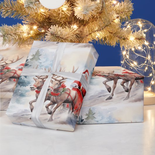 雪に覆われた森をサンタが駆け抜ける ラッピングペーパー (クリスマス)