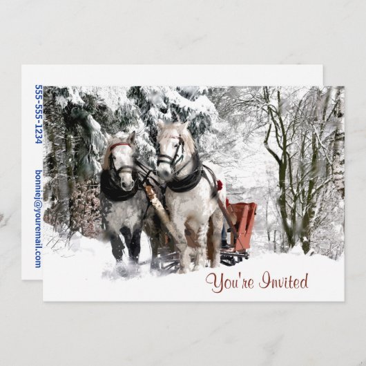 雪に覆われた森を馬隊がそりで走る 招待状 (正面/裏面)