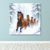 雪に覆われた森を駆ける野生の馬 キャンバスプリント (インサイチュ (ウッドフロア))