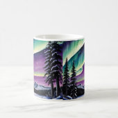 雪に覆われた森、松、風景のオーロラ コーヒーマグカップ (中央)
