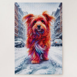 雪に覆われた白失ったい街路のかわいい野良犬 ジグソーパズル