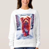 雪に覆われた白失ったい街路のかわいい野良犬 スウェットシャツ (正面)