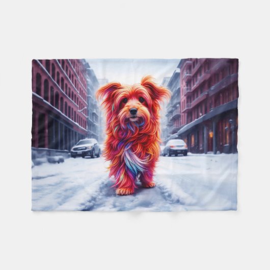 雪に覆われた白失ったい街路のかわいい野良犬 フリースブランケット (正面(横))