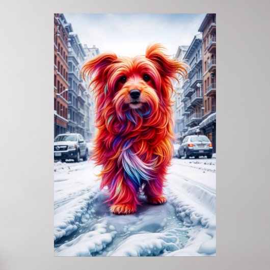 雪に覆われた白失ったい街路のかわいい野良犬 ポスター (正面)