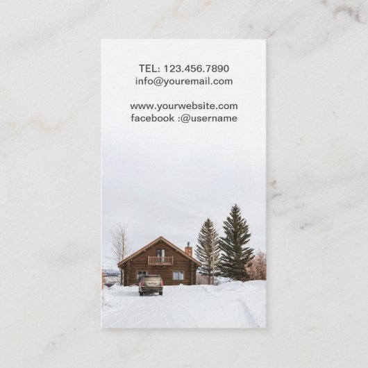 雪に覆われた茶色の木造の家 名刺 (裏面)