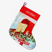 雪に覆われた赤いポストボックスの冬の鳥パーソナライズされた ラージクリスマスストッキング (正面 (吊り時))