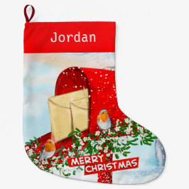 雪に覆われた赤いポストボックスの冬の鳥パーソナライズされた ラージクリスマスストッキング