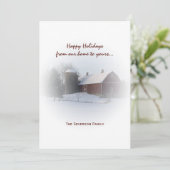 雪に覆われた赤い納屋とサイロハッピーホリデー シーズンカード (スタンド正面)