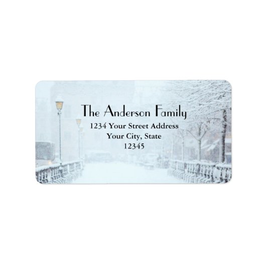 雪に覆われた通りは木々やランプが並んでいた ラベル (正面)