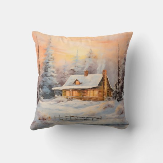 雪に覆われた風景の中で居心地の良い絵画農家 クッション (裏面)