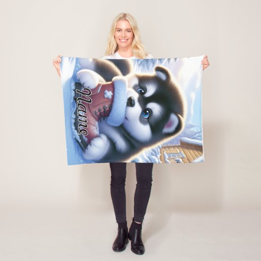 雪に遊覆われた冬のブーツを持つ子犬 フリースブランケット (インサイチュ)