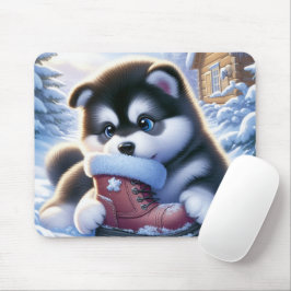 雪に遊覆われた冬のブーツを持つ子犬 マウスパッド