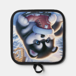 雪に遊覆われた冬のブーツを持つ子犬 鍋敷き