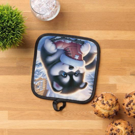 雪に遊覆われた冬のブーツを持つ子犬 鍋敷き (トップダウン)