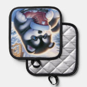 雪に遊覆われた冬のブーツを持つ子犬 鍋敷き (正面/裏面)