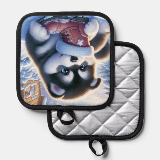 雪に遊覆われた冬のブーツを持つ子犬 鍋敷き (正面/裏面)