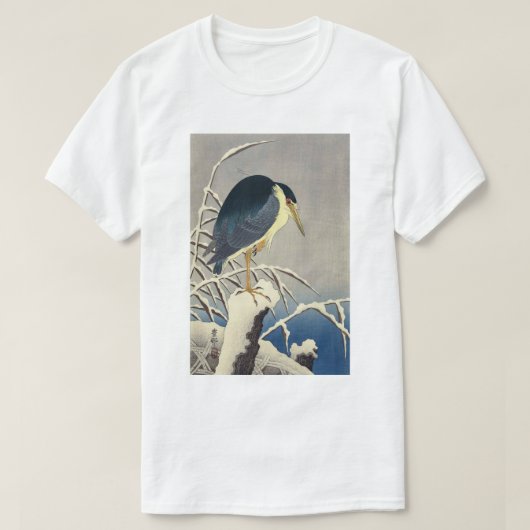 雪に青サギ、雪の小原古邨の青い鷲、Ohara Koson Tシャツ (デザイン正面)