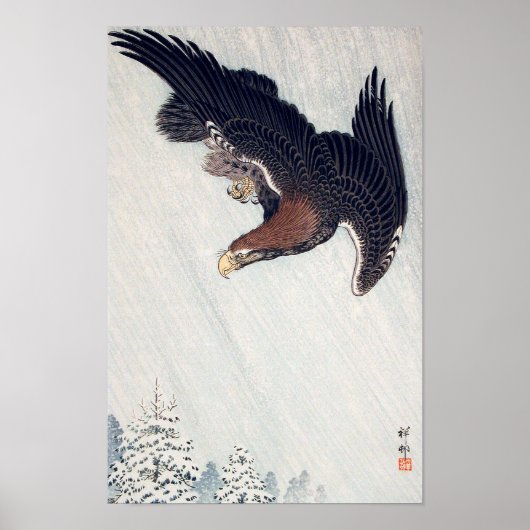 雪に鷲, 古邨 Eagle Flying in Snow, Ohara Koson, Woodcut ポスター (正面)