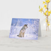 雪に、イヌ属ループス坐っている、材木オオカミ カード (黄色い花)