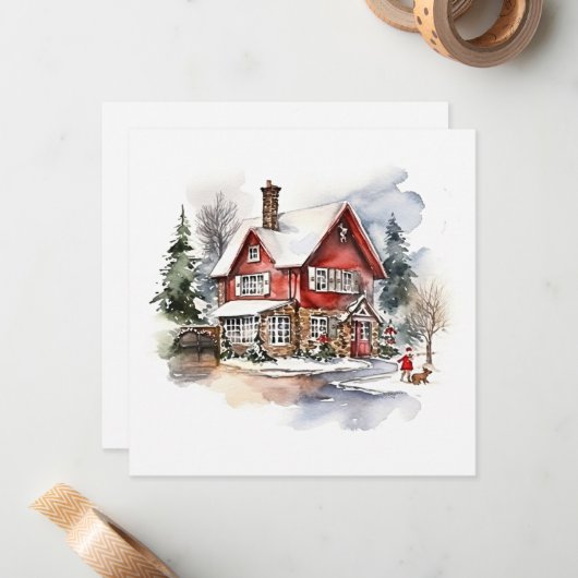 雪のある居心地の良いクリスマスハウス ノートカード (正面/裏面インサイチュ)