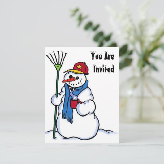 雪のおもしろいの冬の誕生日のパーティの招待状の雪だるま 招待状 (スタンド正面)