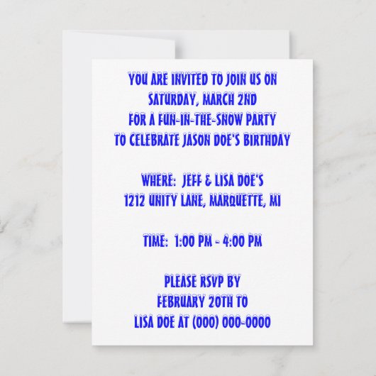 雪のおもしろいの冬の誕生日のパーティの招待状の雪だるま 招待状 (裏面)