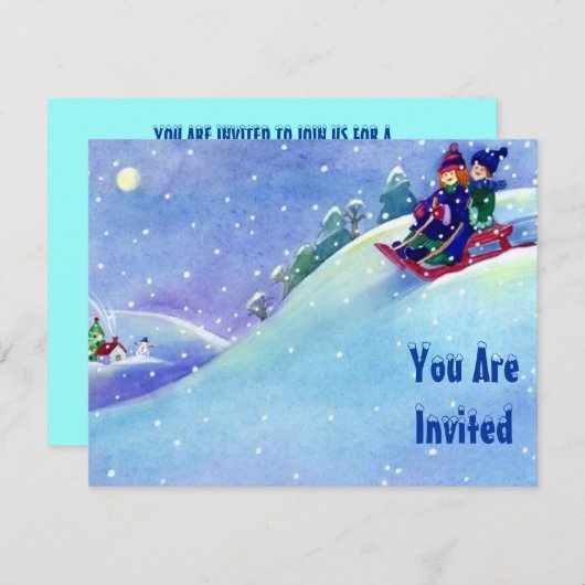 雪のおもしろいの冬の誕生日のパーティの招待状のSLEDDING 招待状 (正面/裏面)