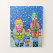 雪のおもしろいクリスマスの子供のキャロル歌手 ジグソーパズル (縦)